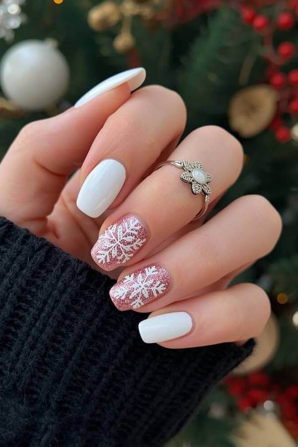 White and Pink Snowflake Nails