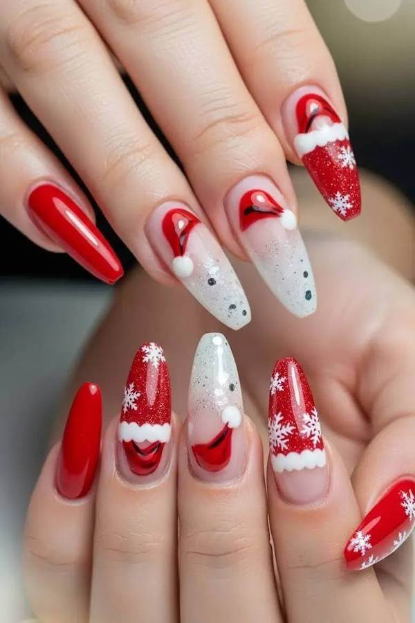 Santa Hat and Snowflake Christmas Nails