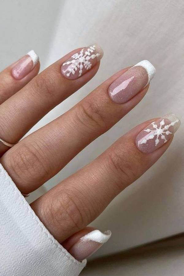 Snowy French Tips with Snowflakes