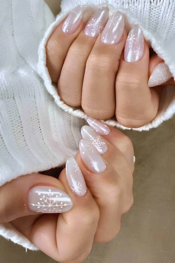 Sheer White Snowflake Nails