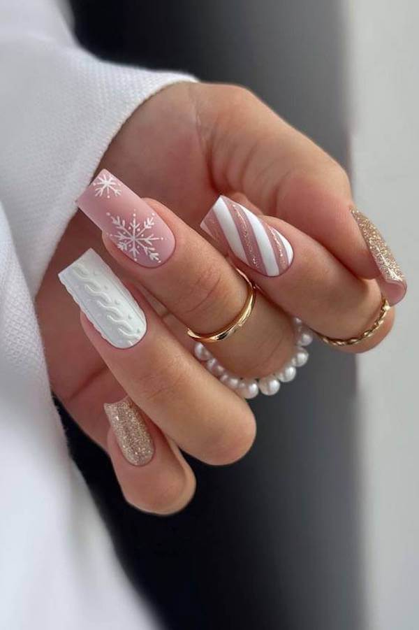 Pink and White Winter Sweater Nails