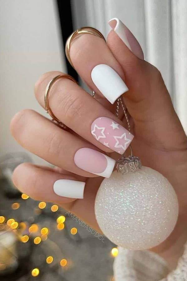 White Star and Pink Matte Nails