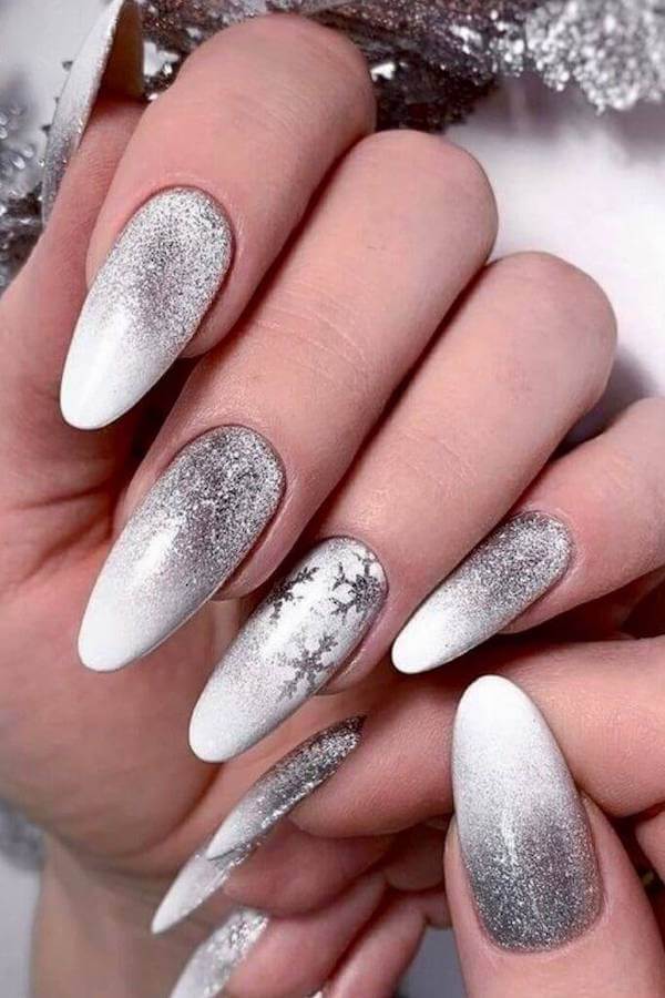 Silver Glitter Ombre Snowflake Nails