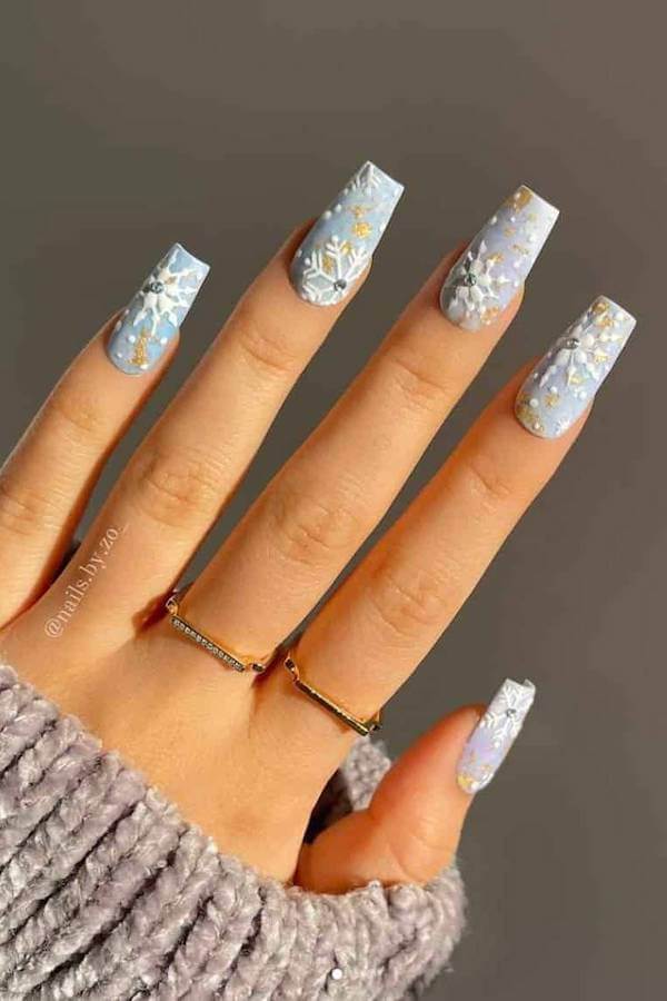 Blue and White Snowflake Christmas Nails