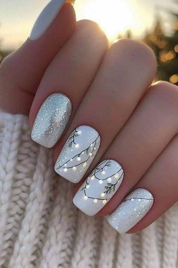 Glittery Silver and White Holiday Nails