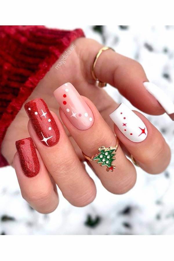 Red and White Sparkle Christmas Nails