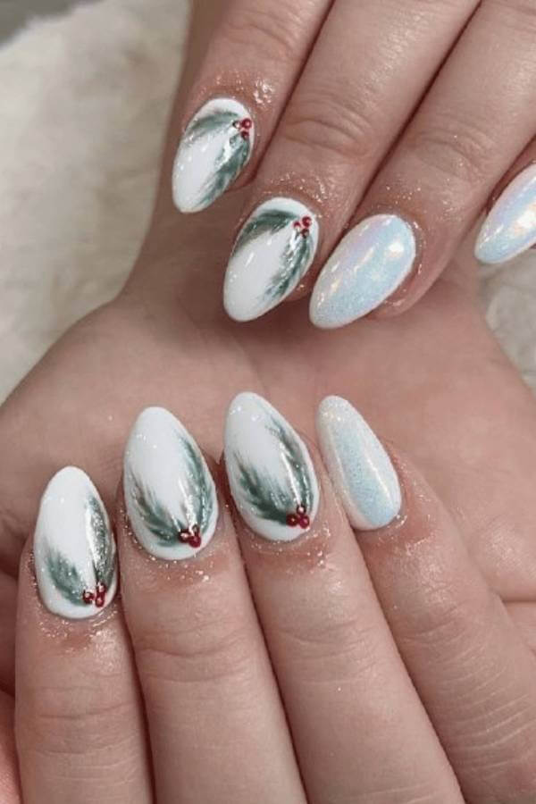 Holly and Pine Christmas Nail Art