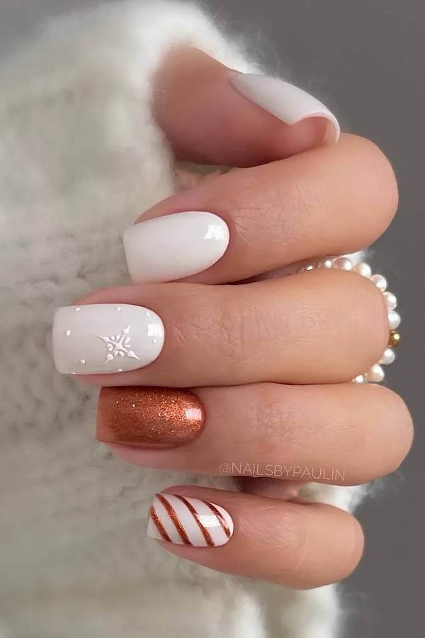 White and Bronze Christmas Nails