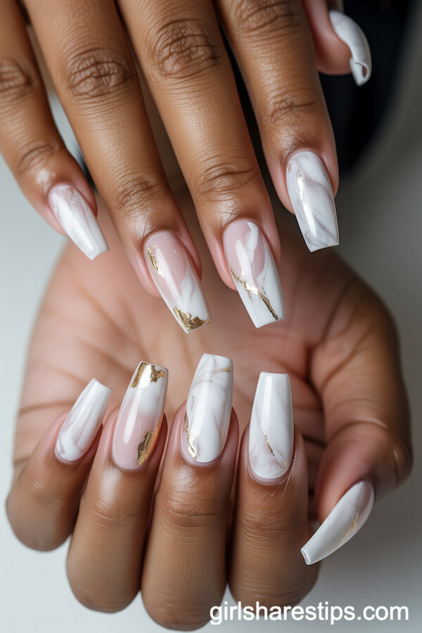 Coffin White Marble Nails with Gold Foil Accents