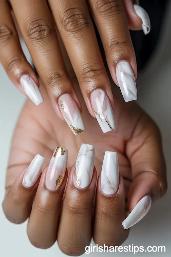 Coffin White Marble Nails with Gold Foil Accents