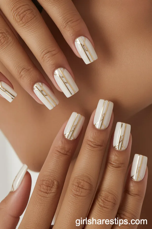 Long Square White Nails with Subtle Gold Art Deco Lines