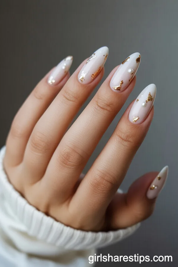 Almond Creamy White Nails with Gold Flakes and Pearl Accents
