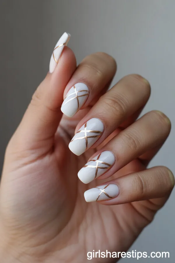Coffin White Nails with Hand-Painted Gold Criss-Cross Lines