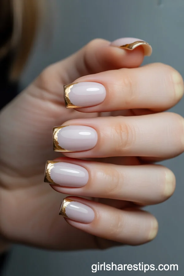 Short Square White Nails with Irregular Gold Foil French Tips