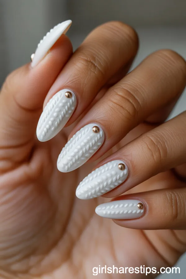 Textured White Almond Nails Decorated with Gold Studs