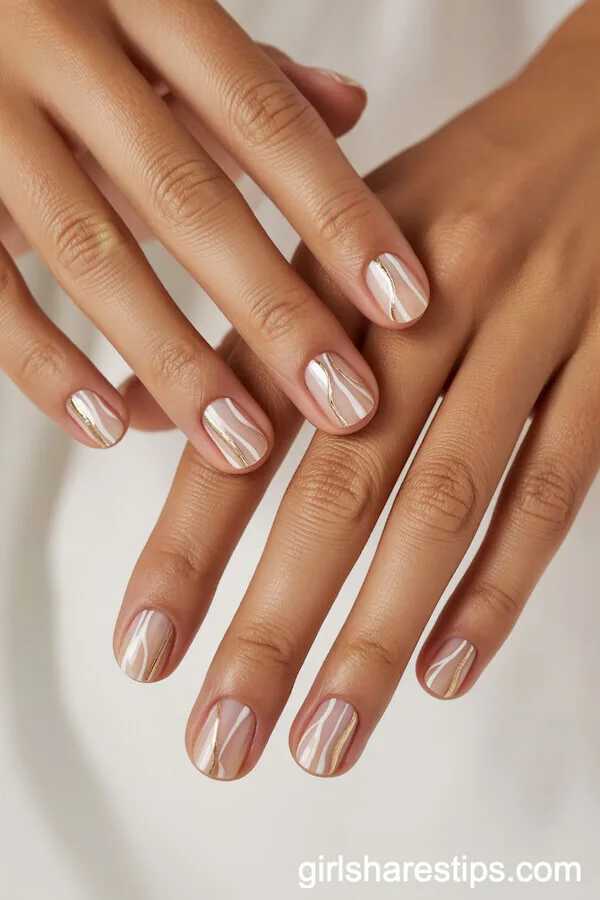 Short Squoval Nails with White Stripes and Intertwining Gold Lines