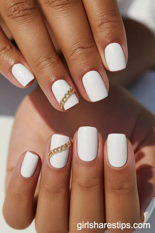 White Square Nails with Gold Chain Accent Pieces