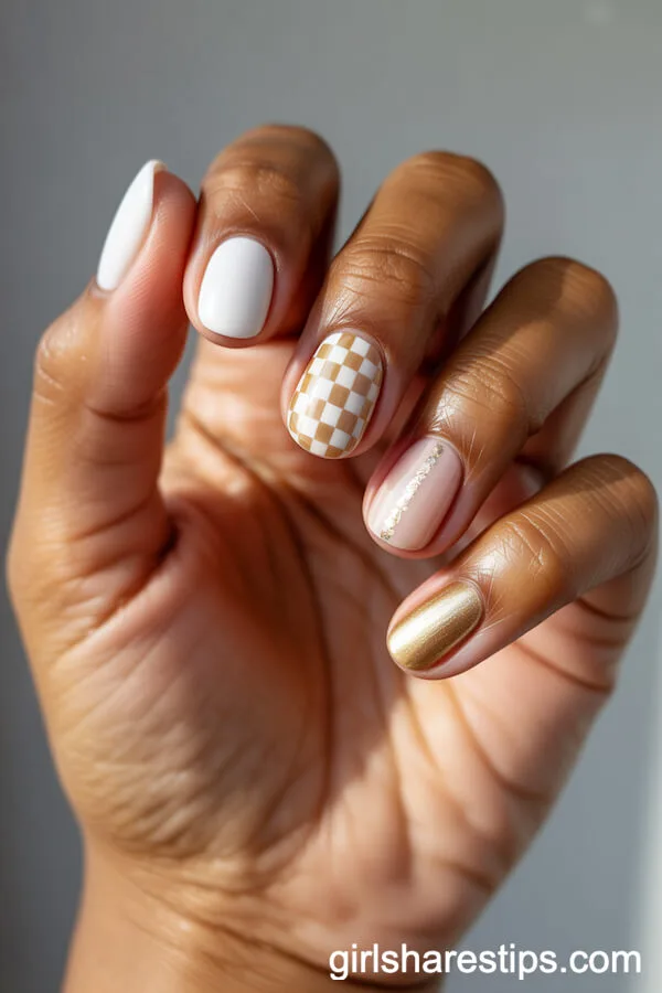 Round Checkerboard Nails in White and Gold