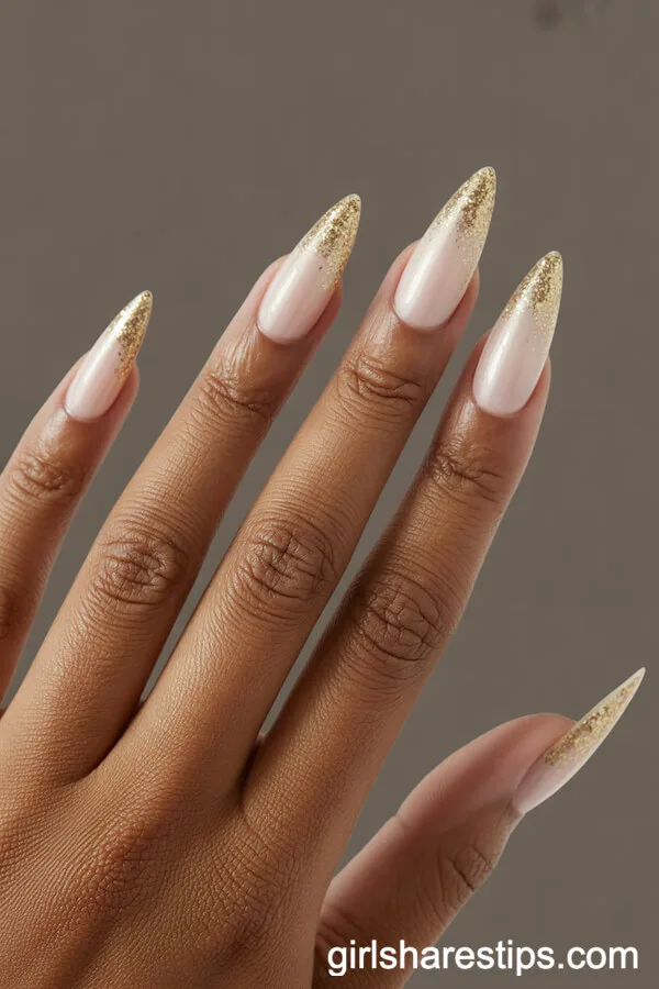 Pearly White Stiletto Nails with Gold Glitter Gradient Tips