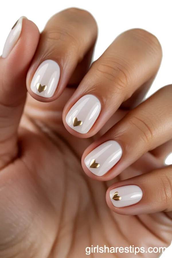 Short White Rounded Nails with Cute Gold Metallic Hearts