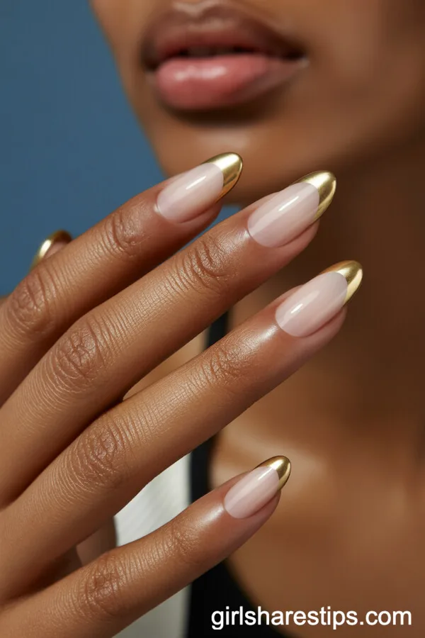 Milky White Oval Nails with Crisp Gold French Tips