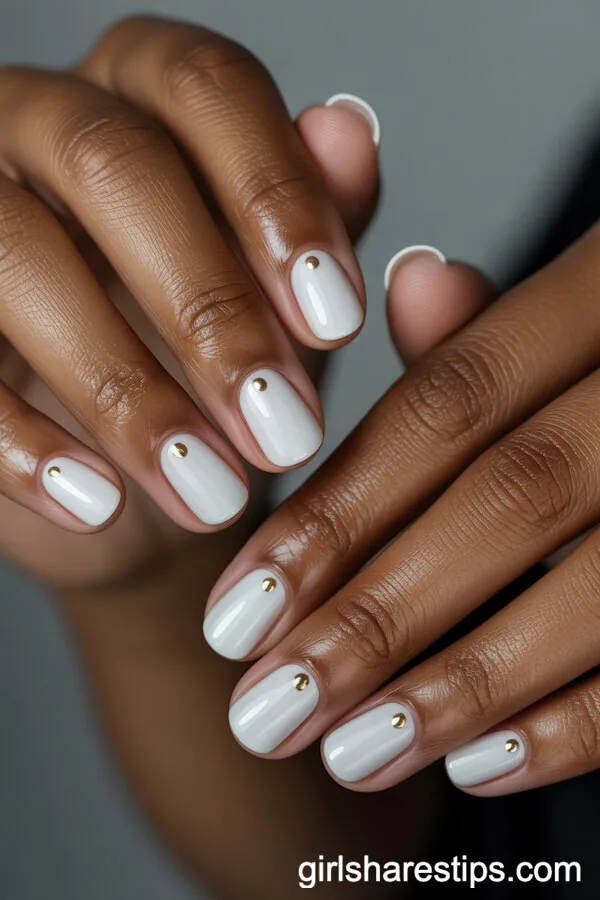 Glossy White Short Nails with Centered Gold Dots