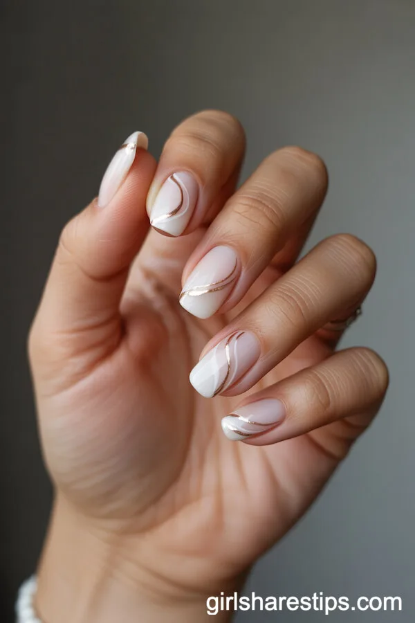 Ballerina White Nails with Hand-Drawn Gold Swirls