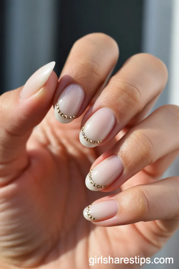 Short Sheer White Oval Nails with Gold Rhinestones at the Base