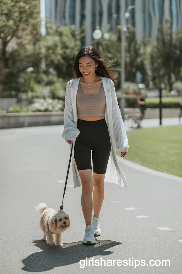 White Cardigan with Crop Top and Biker Shorts for a Sporty Urban Walk
