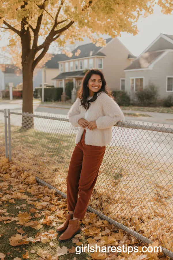 Fuzzy White Cardigan and Corduroy Pants for Cozy Fall Fashion