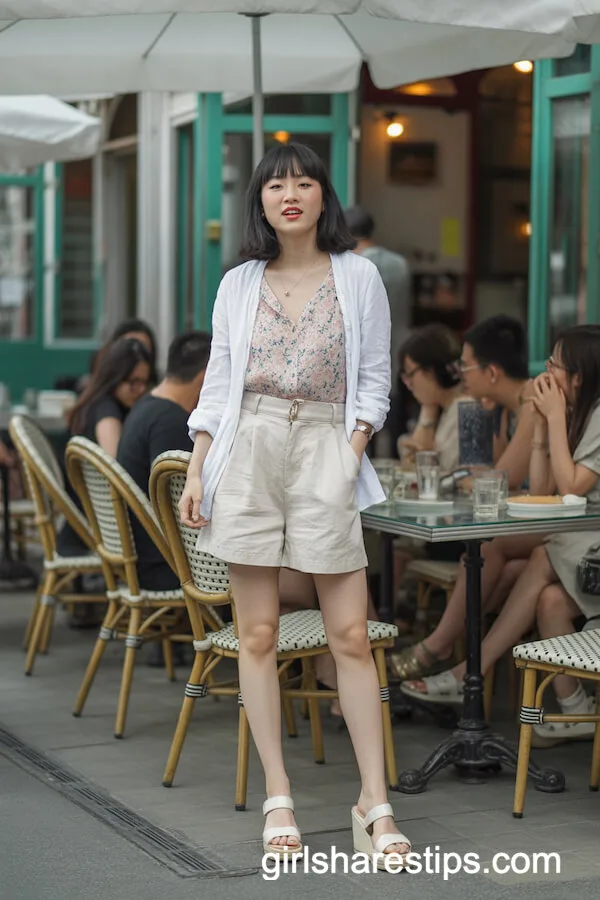 White Cardigan Tied Over Shoulders with Floral Top and Shorts for Brunch