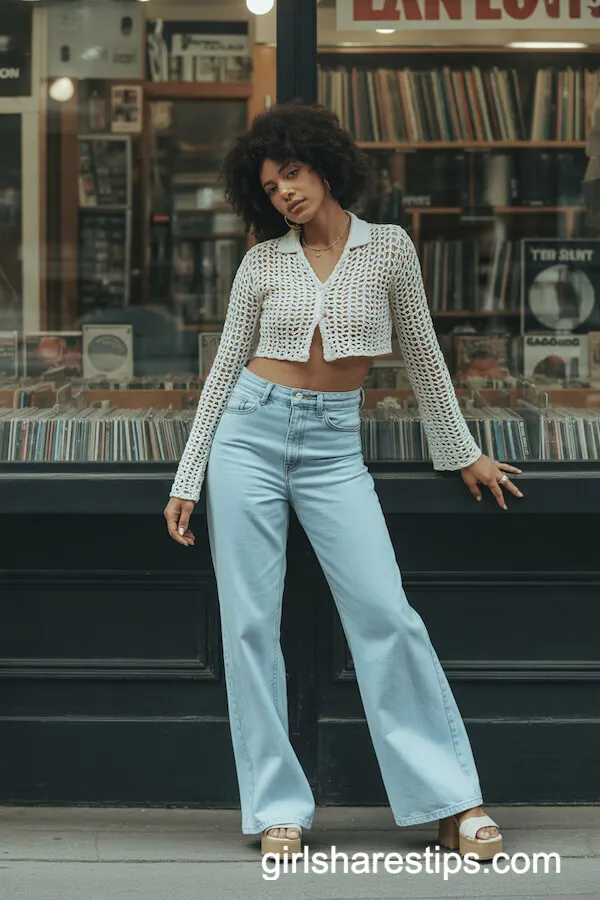 Crochet White Cardigan with Wide-Leg Jeans for Modern 70s Flair