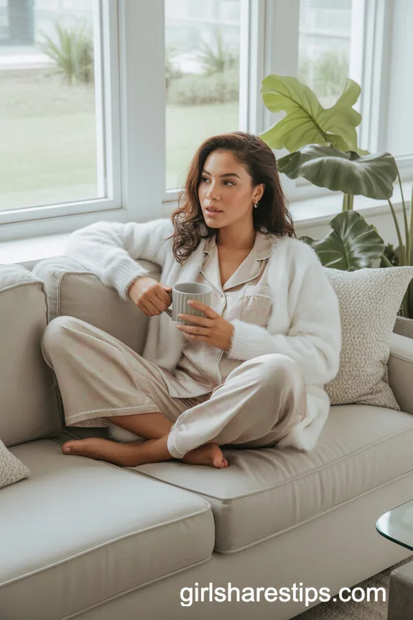 White Fuzzy Cardigan with Pastel Pajamas for Relaxed Home Styling