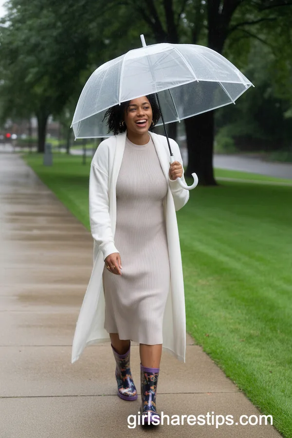 Longline White Cardigan with Sweater Dress and Rain Boots for Playful Rainy Days