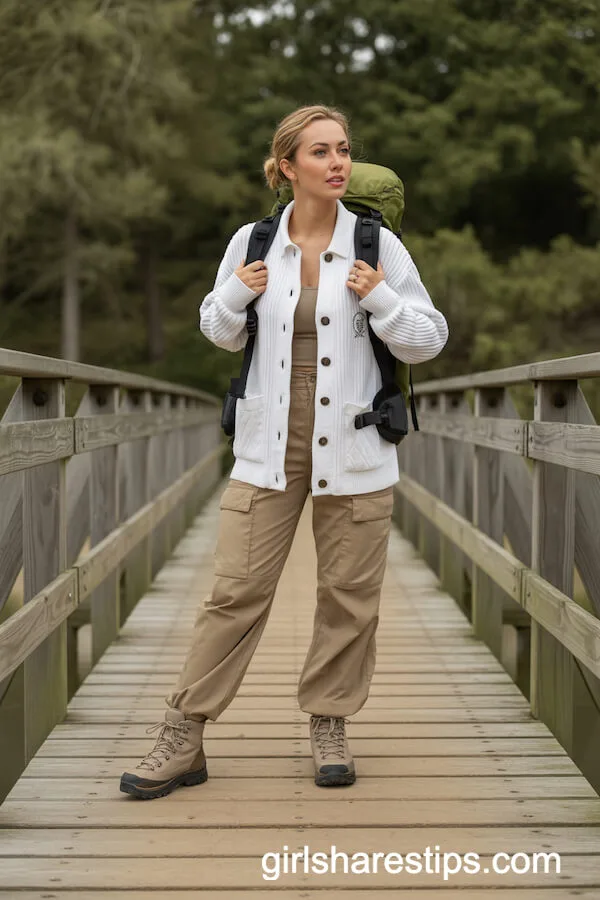 Utility White Cardigan with Cargo Pants for Adventurous Outdoor Looks