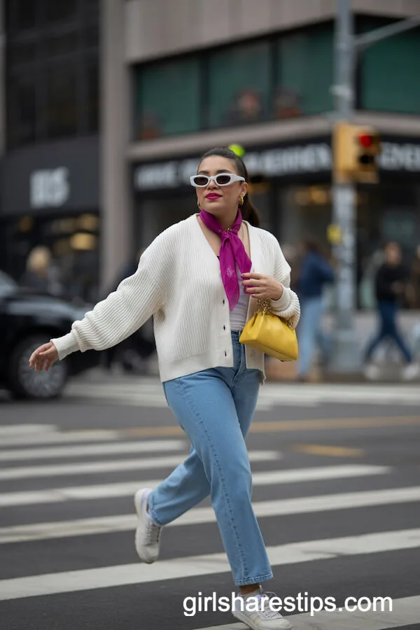Boxy White Cardoon with Blue Jeans and Colorful Accessories for Retro Days