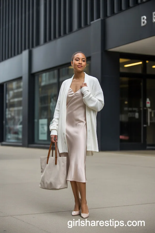 White Cardigan Layered Over a Satin Slip Dress for Chic Office Style