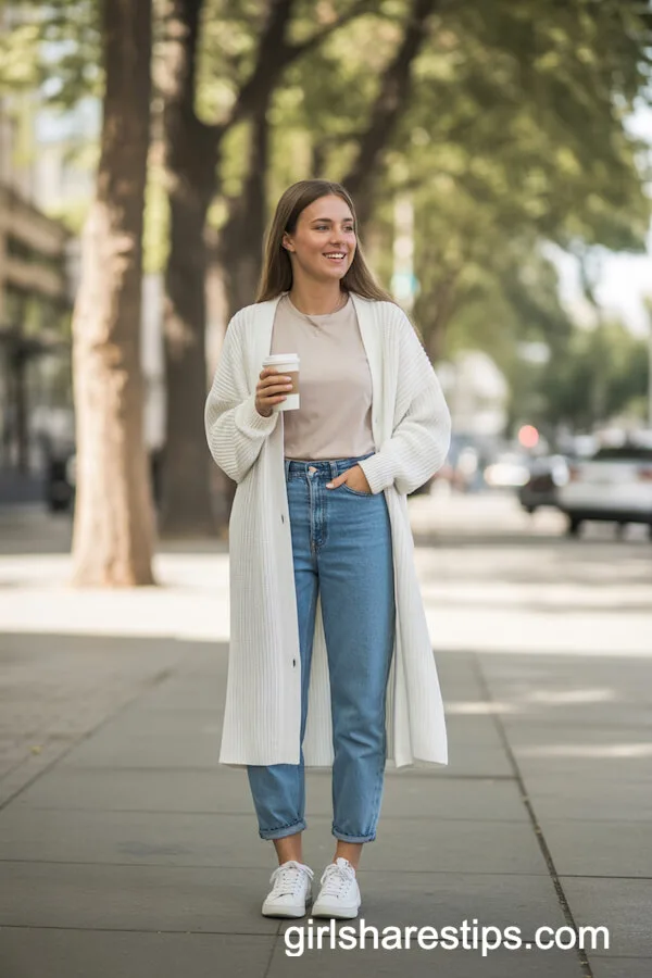 Relaxed White Cardigan with T-Shirt and High-Waisted Jeans for Casual Mornings