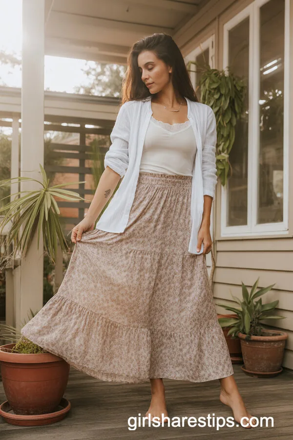 Light White Cardigan with Floral Maxi Skirt for Soft Porch Lounging