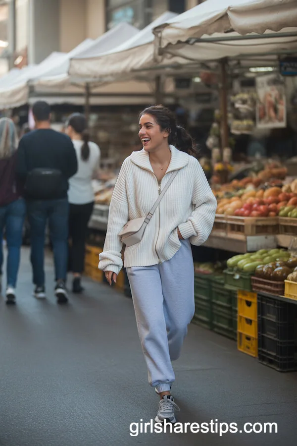 Zip-Up White Cardigan with Joggers for Easy Market Day Style
