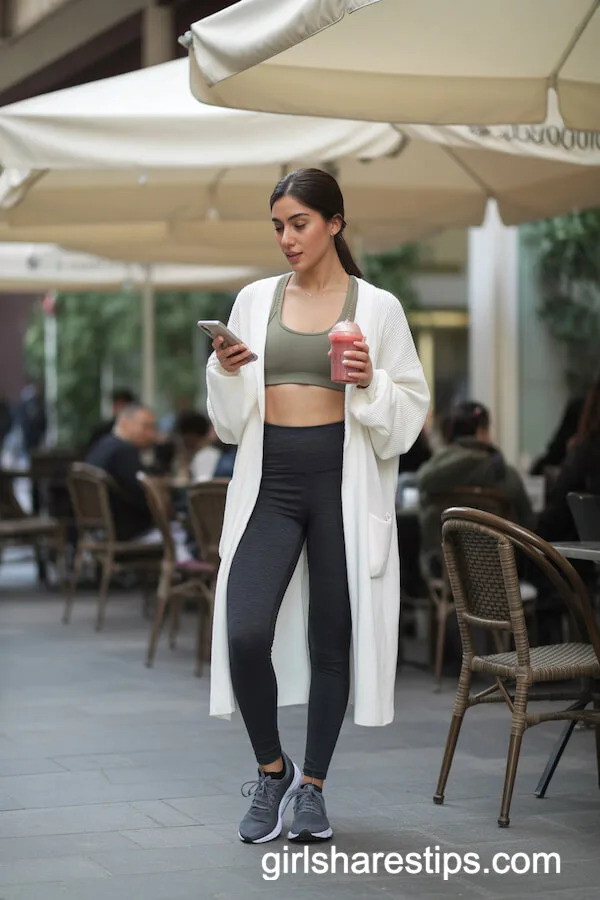 White Cardigan with Leggings and Sports Bra for Effortless Caf&eacute; Outfits