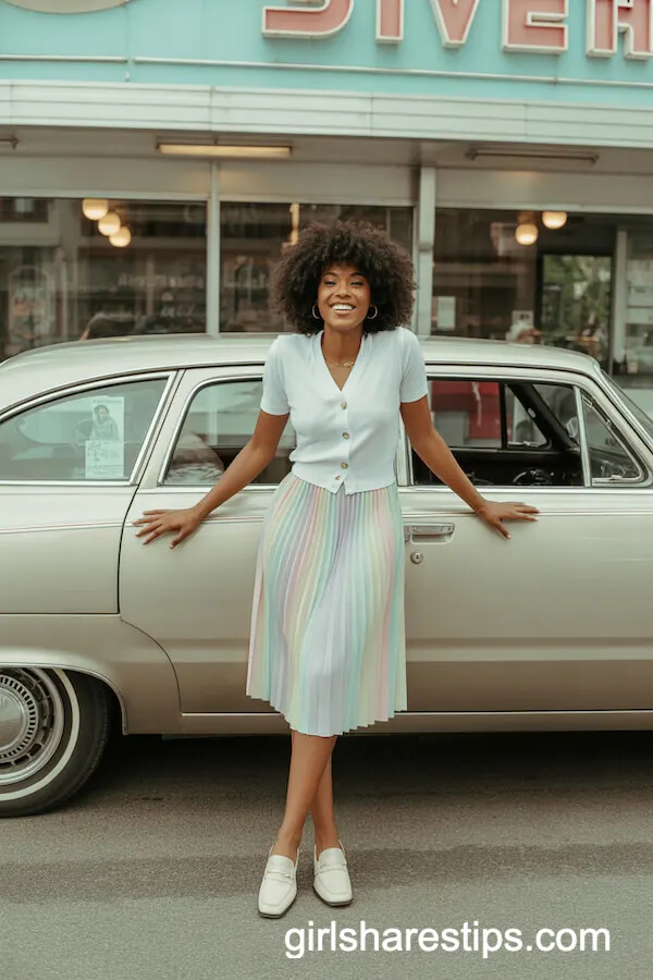 Buttoned White Cardigan with Pleated Skirt for Preppy Retro Vibes