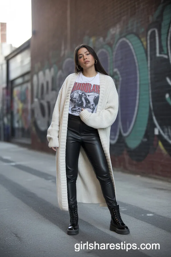 Chunky White Cardigan with Leather Pants for Edgy Streetwear
