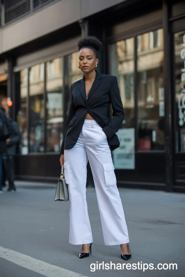 White cargo pants with a black blazer and pointed heels