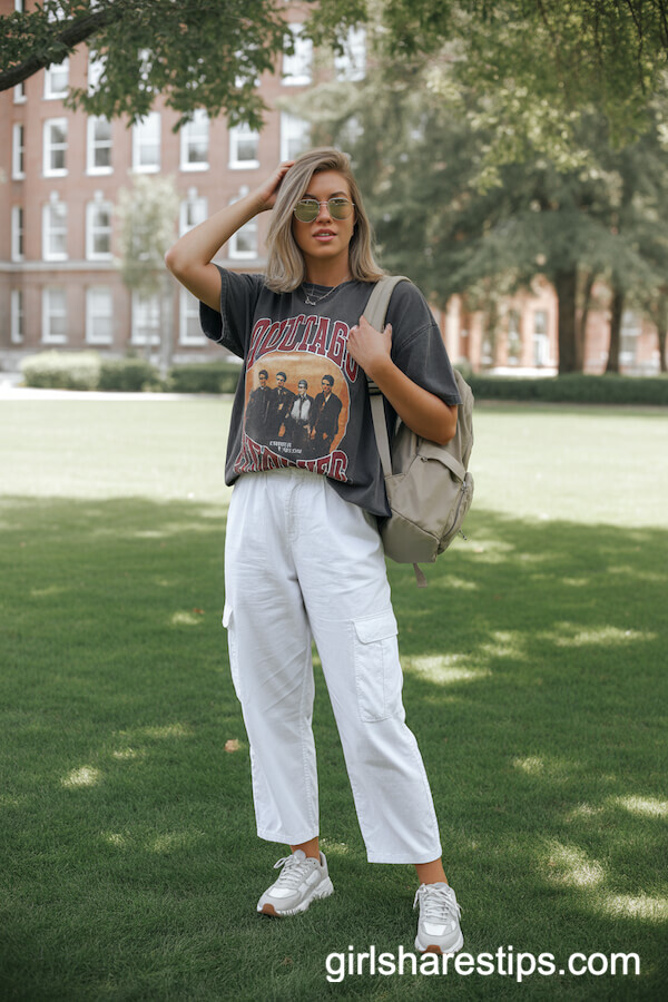 White cargo pants with a vintage graphic tee and chunky sneakers