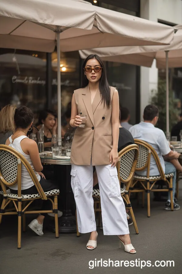 White cargo pants with a tailored sleeveless blazer vest and heeled mules
