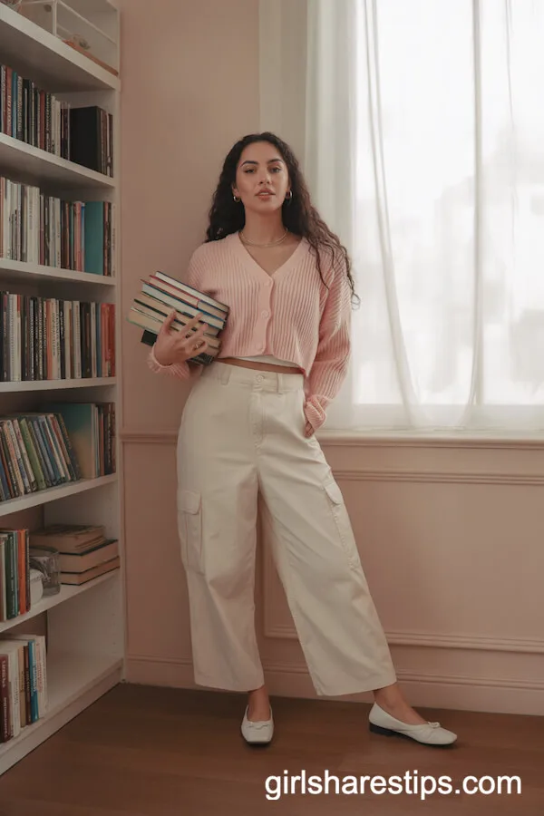 White cargo pants with a cropped pastel cardigan and ballet flats