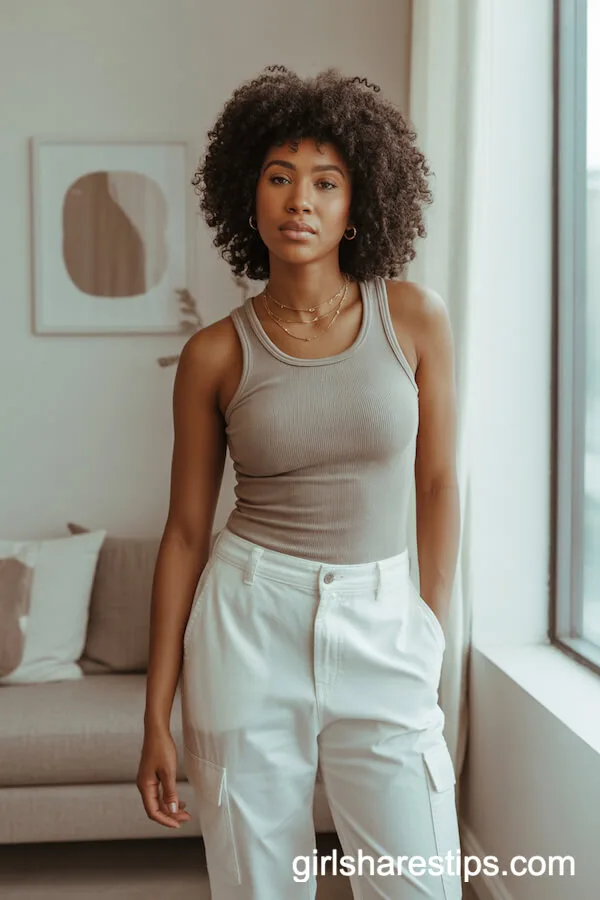 White cargo pants with a beige tank bodysuit and dainty gold jewelry