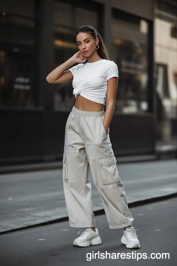 White cargo pants with a cropped t-shirt and chunky white sneakers