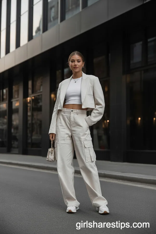 White cargo pants with a fitted crop top and short tailored blazer